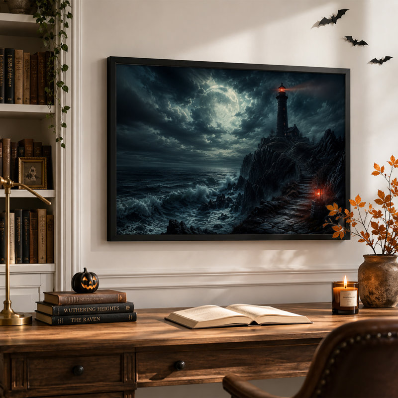 Art sur toile, "Phare sur une falaise rocheuse sous la pleine lune", H 12 po x l 18 po