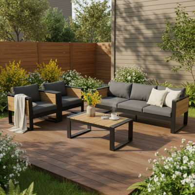 4 - Pieces Patio Conversation Set With Cushions, Aluminum & Wpc, Fold-Out Side Tables, Industrial, Outdoor Use