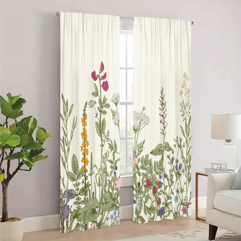2Pcs Botanical Wildflower Curtains Rod Pocket Cotton Polyester Blend Floral Garden Design Colorful Meadow Flowers Pattern Natural Light Filtering Panel Drapes for Living Room Bedroom Kitchen Window Treatment Home Decor
