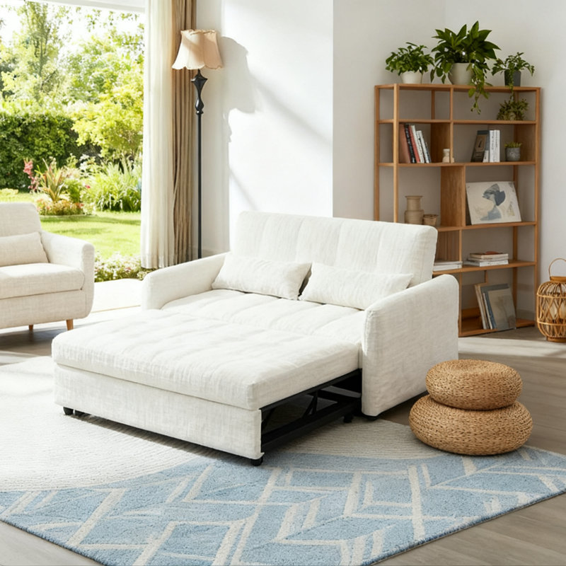 Canapé-lit coulissant de 52,9 po avec dossier réglable, ports USB, conception capitonnée et deux coussins lombaires, Beige