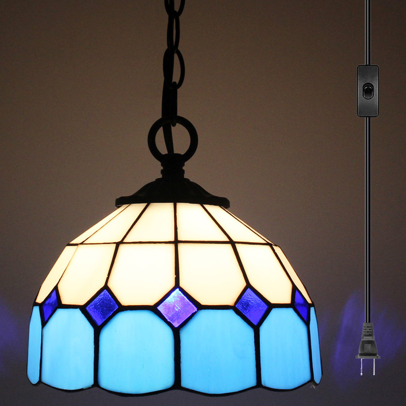 Petite lampe suspendue Tiffany en verre coloré à carreaux bleus blancs