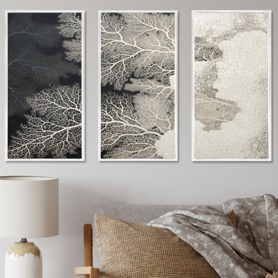 Abstrait corail noir et blanc VI - ensemble d'art mural toile corail sous l'eau