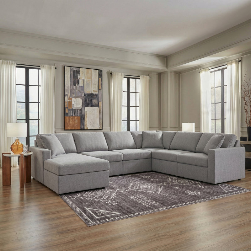 Canapé modulaire 6 pièces avec méridienne Chobanyan, Polyester gris, Face à la gauche, H 36 po x l 140 po x P 107 po