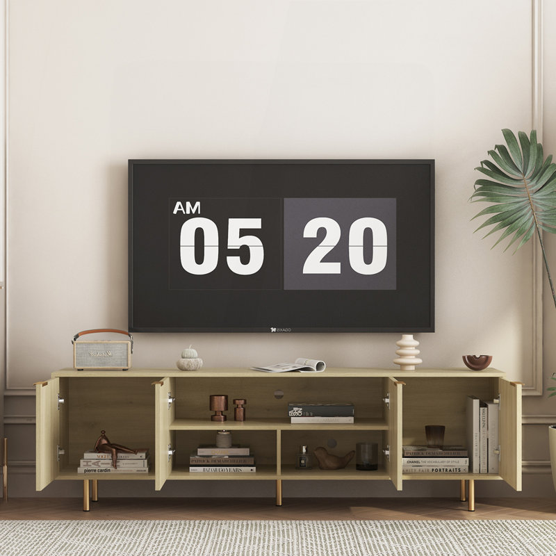 Meuble télé moderne avec cannelures avec rangement, Naturel