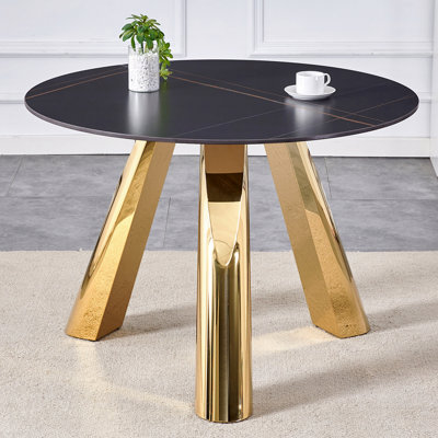 Table de salle à manger ronde 42 pouces en acier inoxydable plaqué or granit brûlé pour 4 à 6 personnes