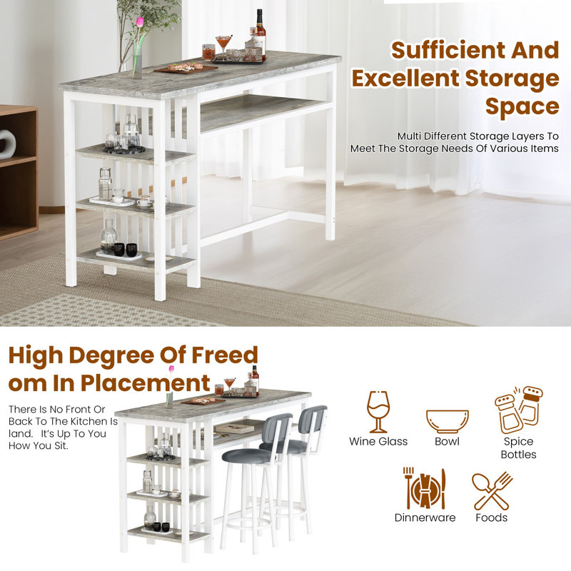 3 Piece Bar Table Set, Kitchen Dining Table Set For 2, Bar Table And Chairs Set With PU Upholstery Stool And 4 Open Storage Shelves, Pub Table Set For Small Space, Grey