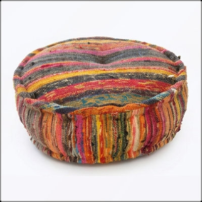Round Pouf Ottoman, 22x22x8 Inch Handmade Floor Cushion with Chindi Fabric for Boho Living Room and Bedroom Decor