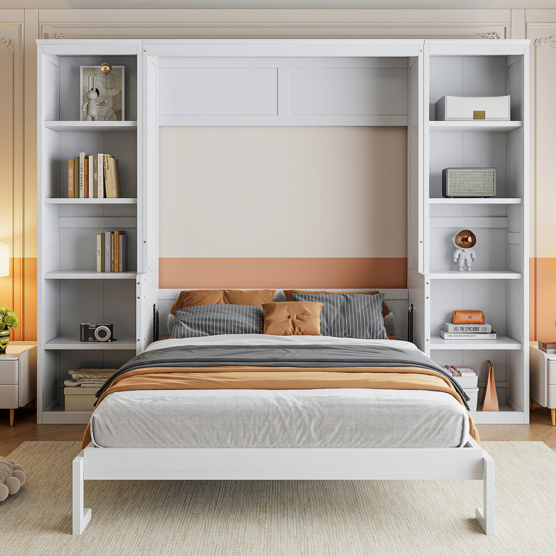 Queen Size Bed With Desk And Bookshelf In White - Strong Construction Of Pine Wood . Bedroom Space Saver. No Spring Box Needed. Abundant Storage. Foldable Bookcase For Saving Ingredient, Animated &