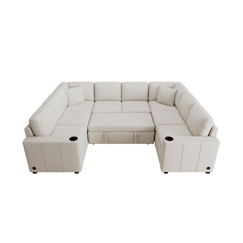 107.1" Sectional Sofa Convertible Pull-Out Sofa Bed U-Shaped Sofa For Living Room, Beige Chenille