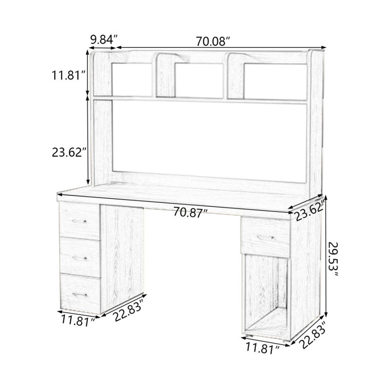 Walnut Rectangular Solid Wood Executive desk with drawers desk, 64.96" H x 70.87" W x 23.62" D