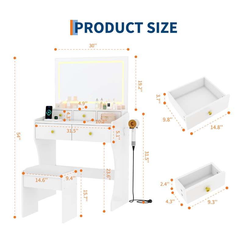 Bureau de coiffeuse blanc à DEL avec miroir HD, lumières à intensité variable 3 couleurs, 5 tiroirs, prise de courant, support pour sèche-cheveux, fauteuil rembourré - table de maquillage de chambre à coucher moderne, norme américaine, couleur: blanc - norme américaine
