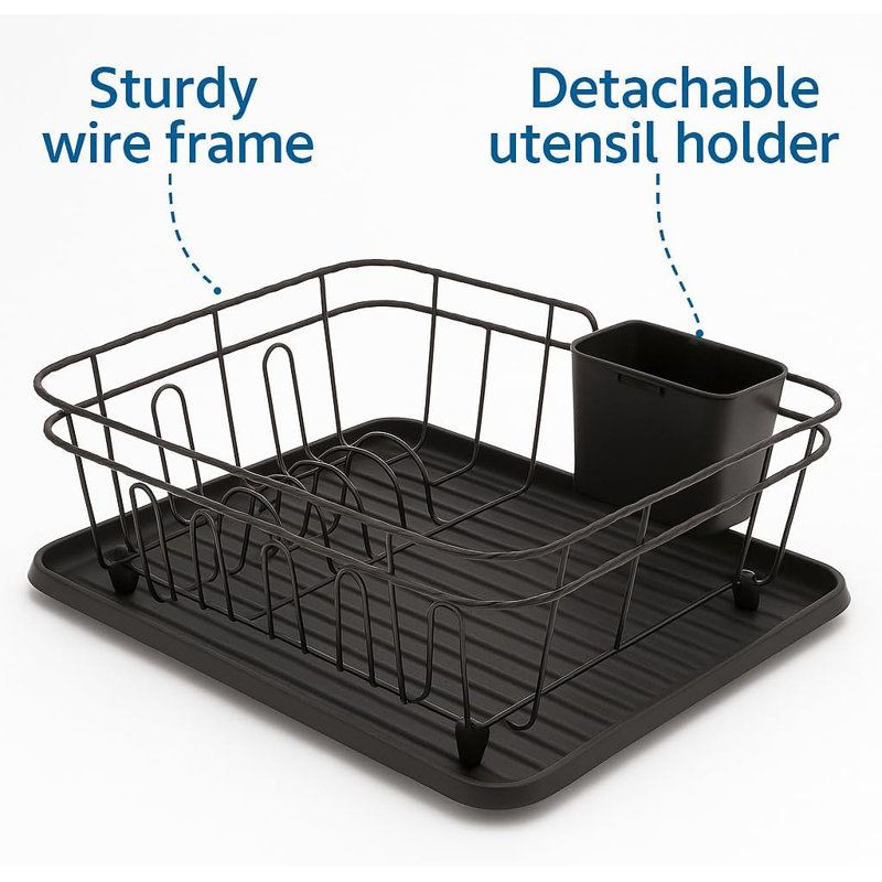 3-in-1 Dish Drying Rack, Countertop or Over Sink Design, Removable Utensil Holder, Non-Slip Feet, Brown