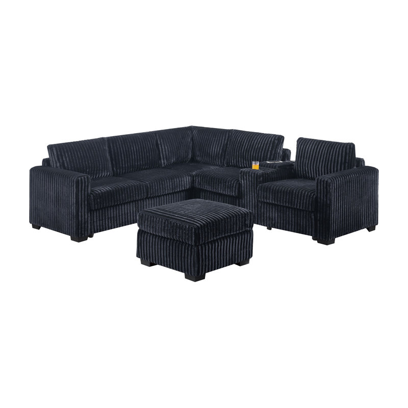 Contemporary Style L-Shaped 4Pc Sectional Set USB Cup Holder Loveseat Cushion Back Plastic Legs Cocktail Ottoman Square Arms Black Finish Primary Living Room