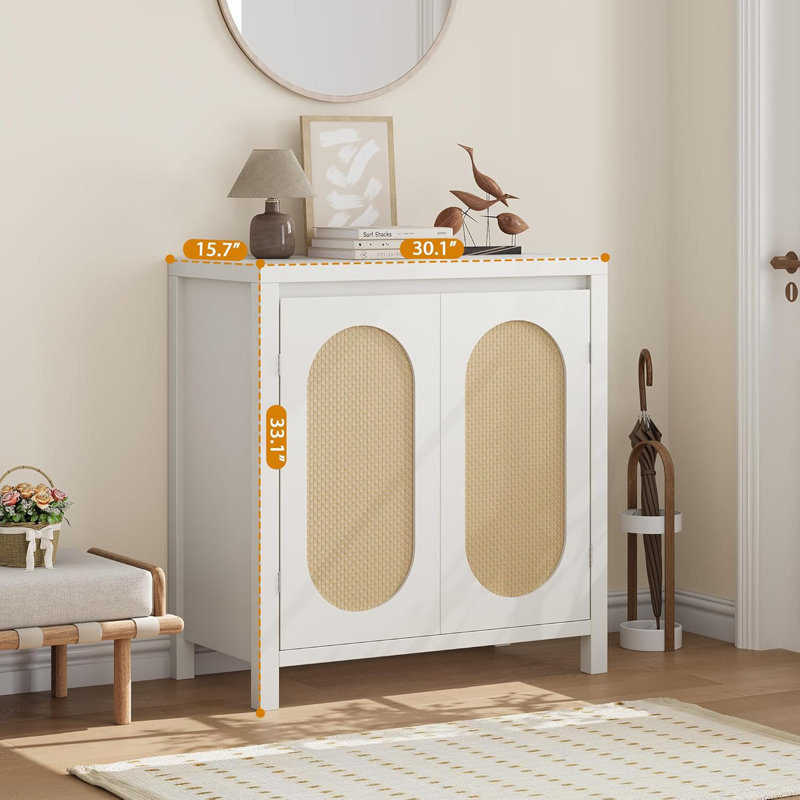 Rattan Storage Cabinet, Wooden Sideboard Buffet Cabinet With Doors And Shelves, White