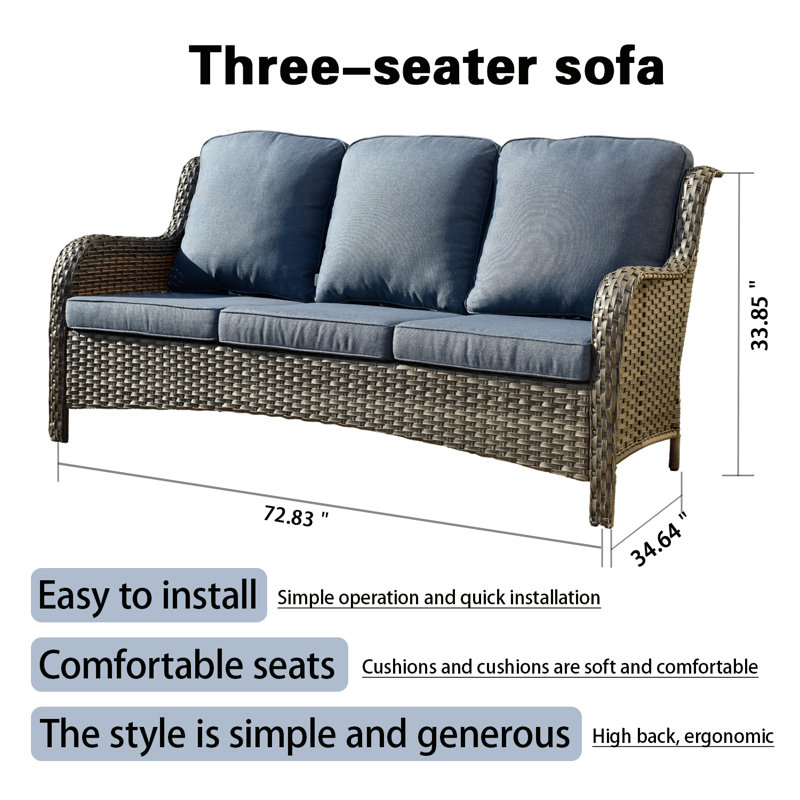 Gretna Premium All-Weather Wicker 3 - Person Patio Conversation Set with Cushions, Gray Frame/Demin Blue Cushion