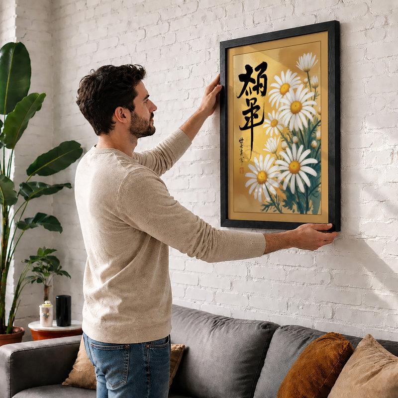 Daisies with Calligraphy Japandi - Framed Print, Unframed, A4 - 29.7 x 21.0 cm