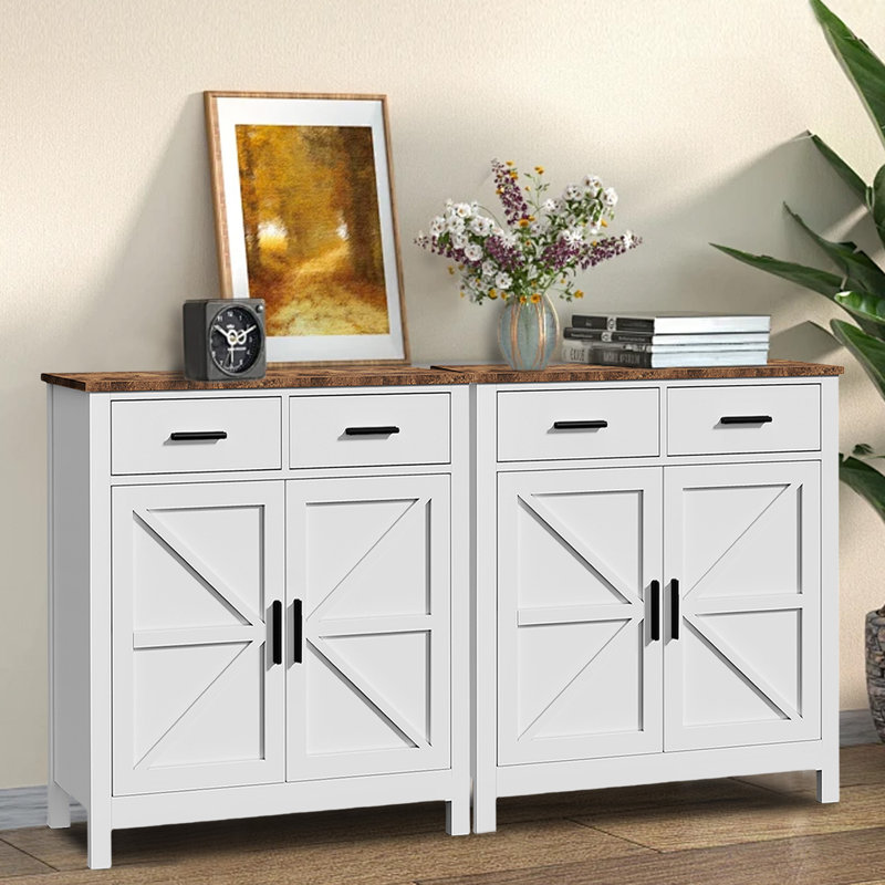 Buffet de cuisine avec armoire de rangement moderne avec bar et rangement à 2 tiroirs, Blanc / Brun