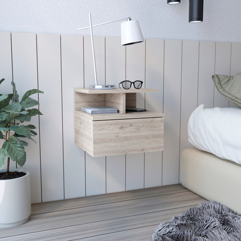 Table de chevet flottante avec tiroir et tablettes de rangement ouvertes, Gris