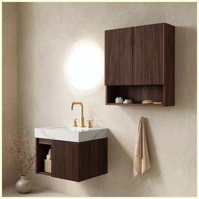 Meuble-lavabo suspendu de 30 po + TOBI de 26 po avec lavabo, dessus en pierre frittée blanche de Carrare et lavabo en céramique, aspect bois de noyer, 3 trous prépercés pour robinetterie