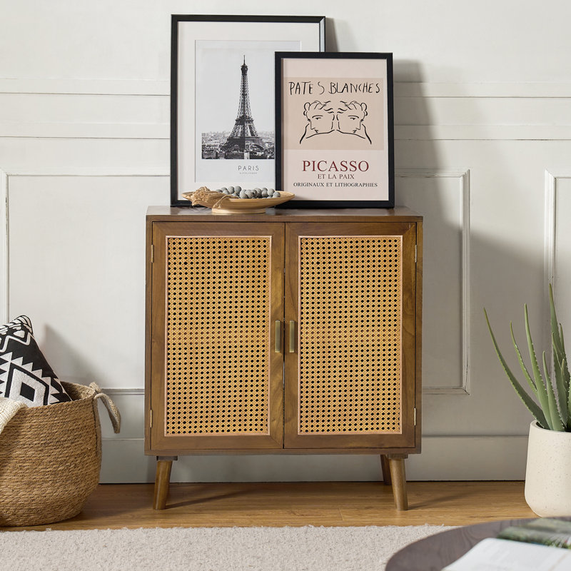 Emily 30'' Tall 2 - Rattan Door Accent Cabinet with Solid Wood Legs, Espresso