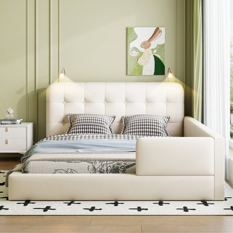 Grand lit plateforme tapissier avec 2 lampes de lecture, blanc