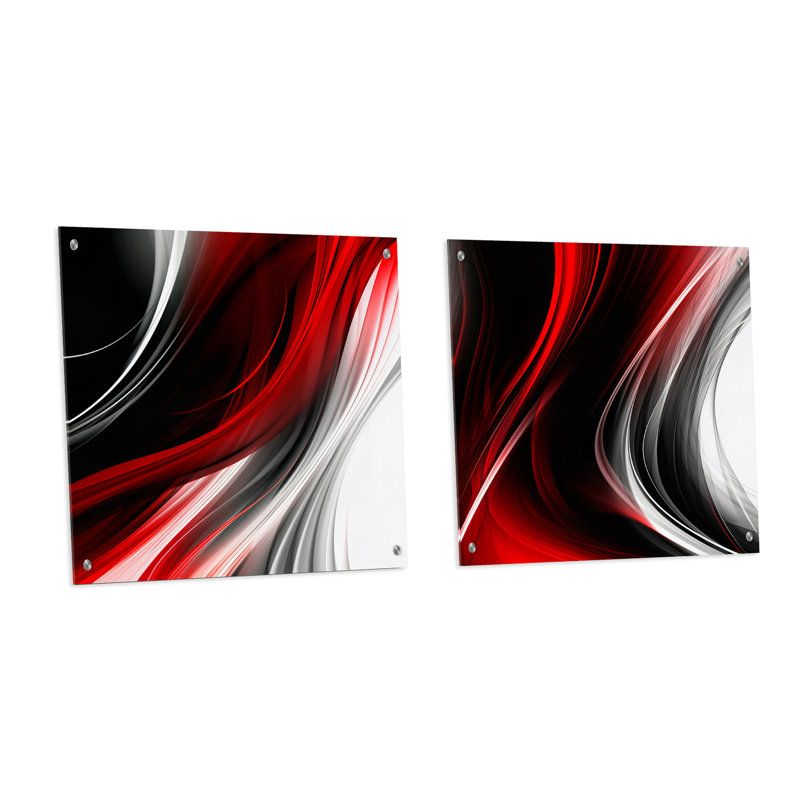 Rouge, noir, infini ondulations I - Abstrait moderne vagues en acrylique, ensemble d'art sur verre, H 36 po x l 73 po