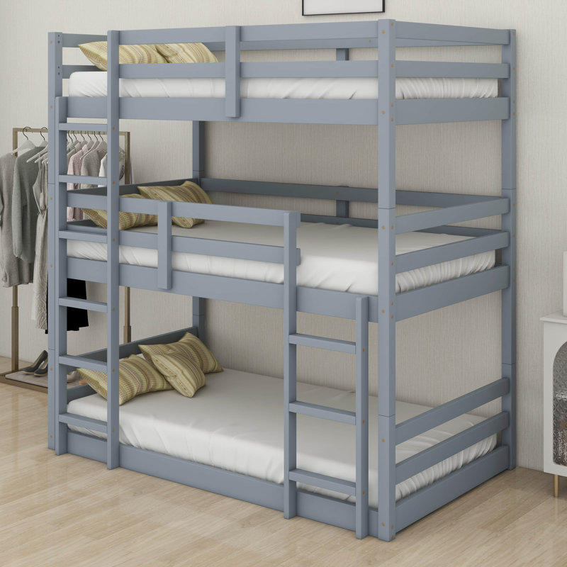 Triple lit superposé avec échelles et garde-corps intégrés pour chambre d'enfant, lit superposé avec lit superposé simple détachable pour dortoir, chambre d'amis, lit simple au-dessus d'un lit simple au-dessus d'un lit simple