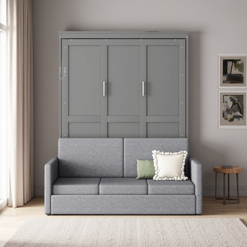 Grand lit escamotable mural avec coussin, Gris