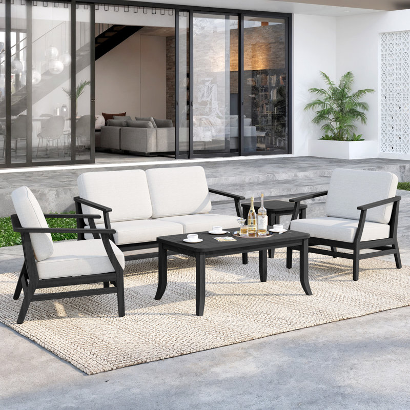 Clinkscales Teak Outdoor Four-person Patio Set with Cushions and Two Tables, Beige, Black