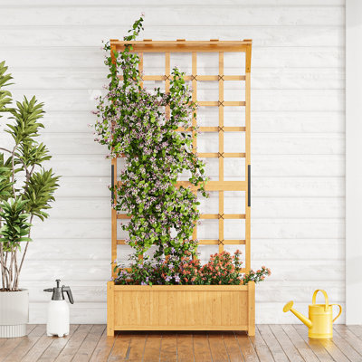 72” H Wood Planter Box With Trellis & Roof, Raised Garden Bed With Drainage Holes For Climbing Plants And Vegetables
