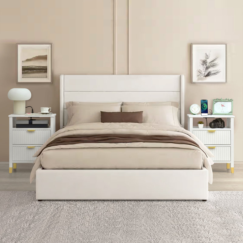 Drift Set Of 2 Nightstand With Charging Station, Bedside Table With Storage Drawers, Night Stand For Bedroom, End Table Or Side Table For Living Room, 15.5" D X 18.9" W X 24" H, White/Gold