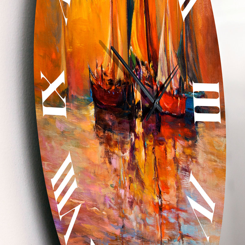 Bateaux sur l'océan pendant le coucher du soleil I - horloge murale nautique et côtière, Petit