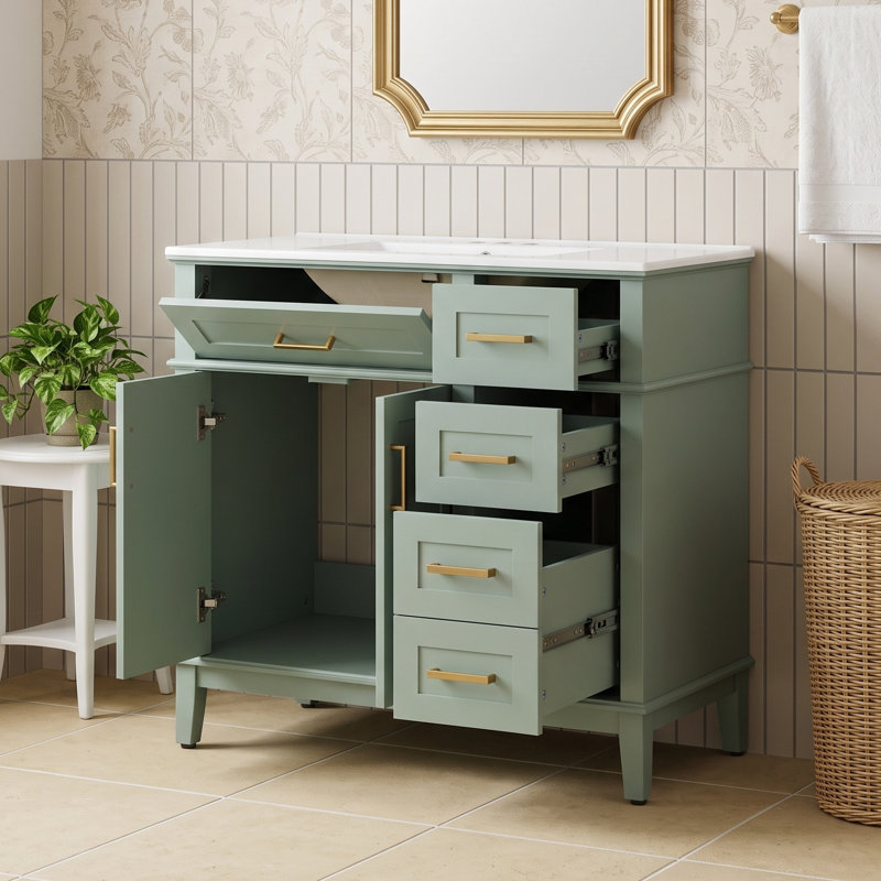 Meuble-lavabo autoportant avec lavabo en céramique et 4 tiroirs à fermeture en douceur, Vert clair