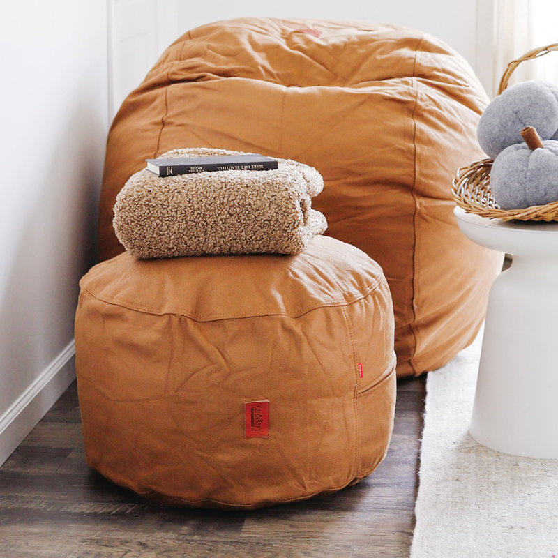 Upholstered Pouf, Cognac Faux Leather