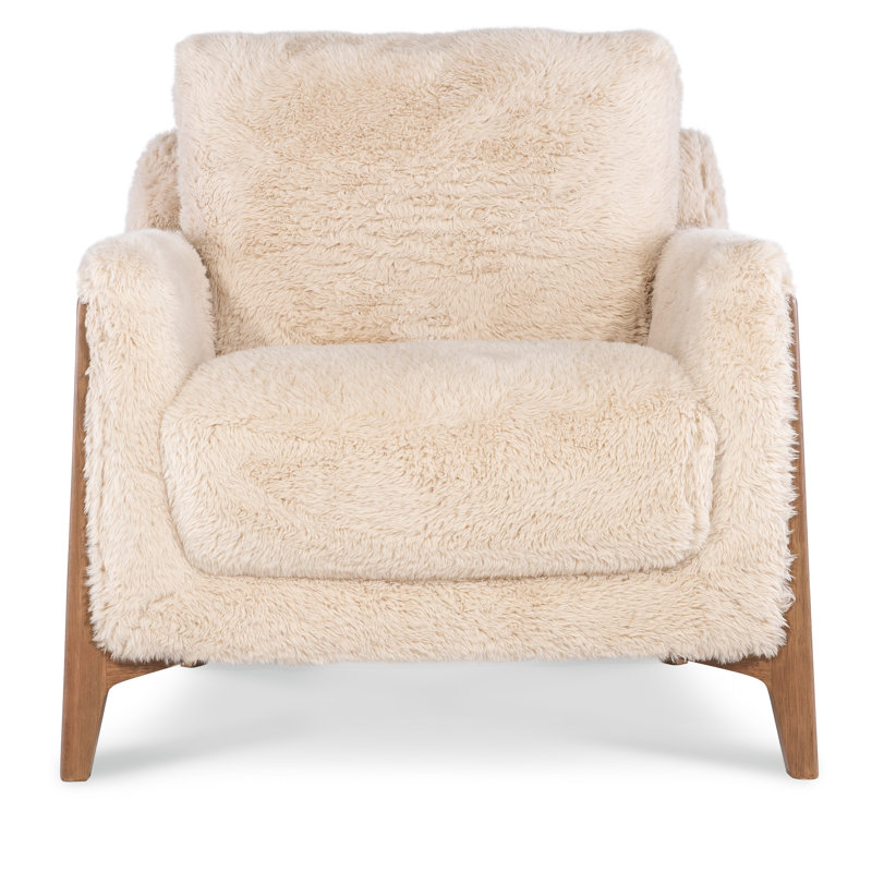 Beige Faux Fur and Wood Accent Chair