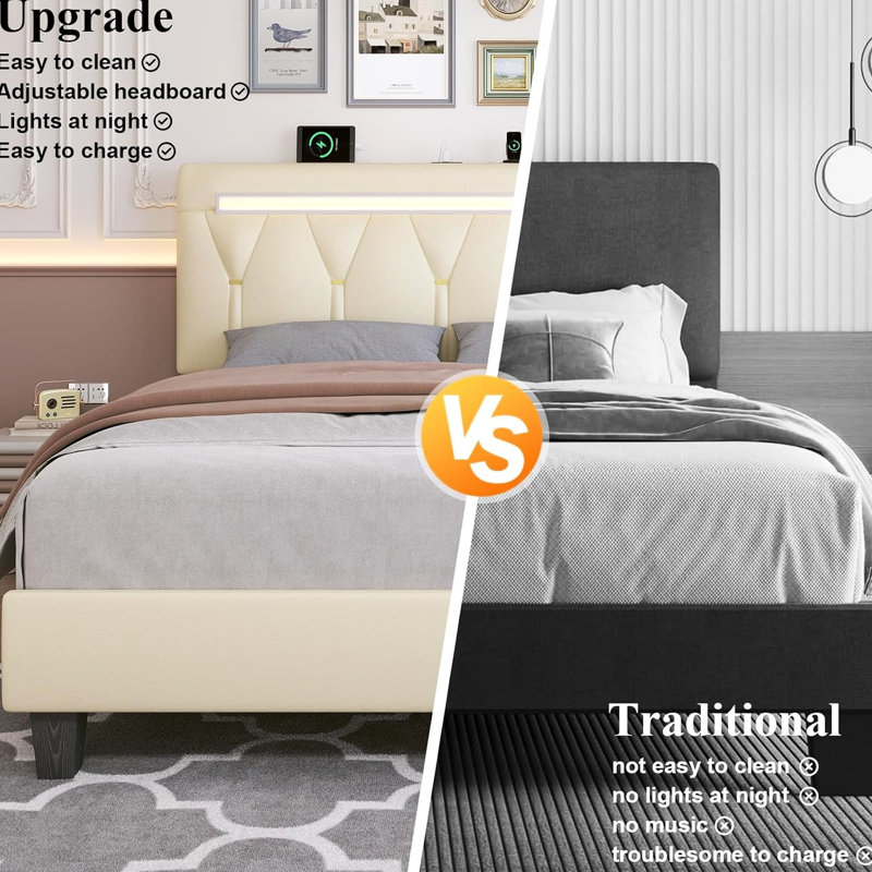 Structure de lit double avec DEL, haut-parleur et tête de lit personnalisable. Conception de chambre à coucher moderne de nuit silencieuse, charge intégrée, fonction de charge d'éclairage en similicuir, tête de lit réglable