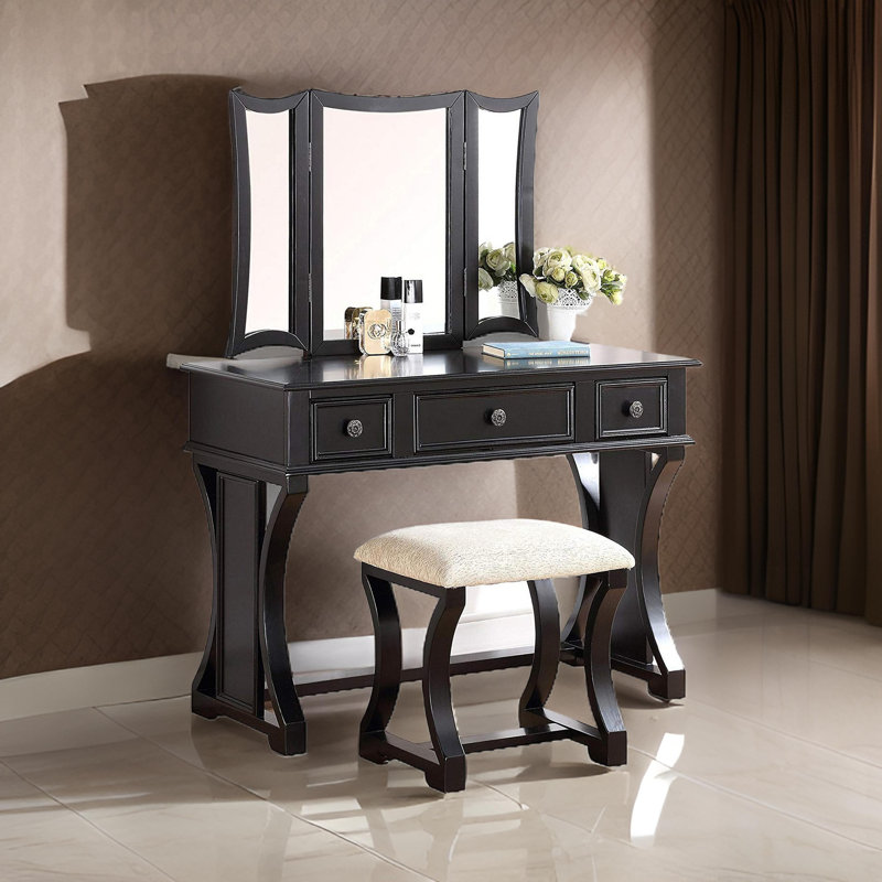 Potterville Vanity Set with Stool and Mirror, Black