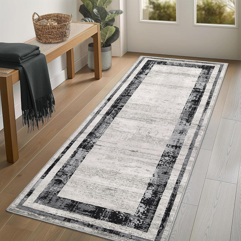 Washable Modern Distressed Edge Thin Indoor Rug, Low Pile Area Rug with Stain Resistant Surface, Non Slip Backing & Easy Clean for Living Room, Bedroom, Home Office, Entryway