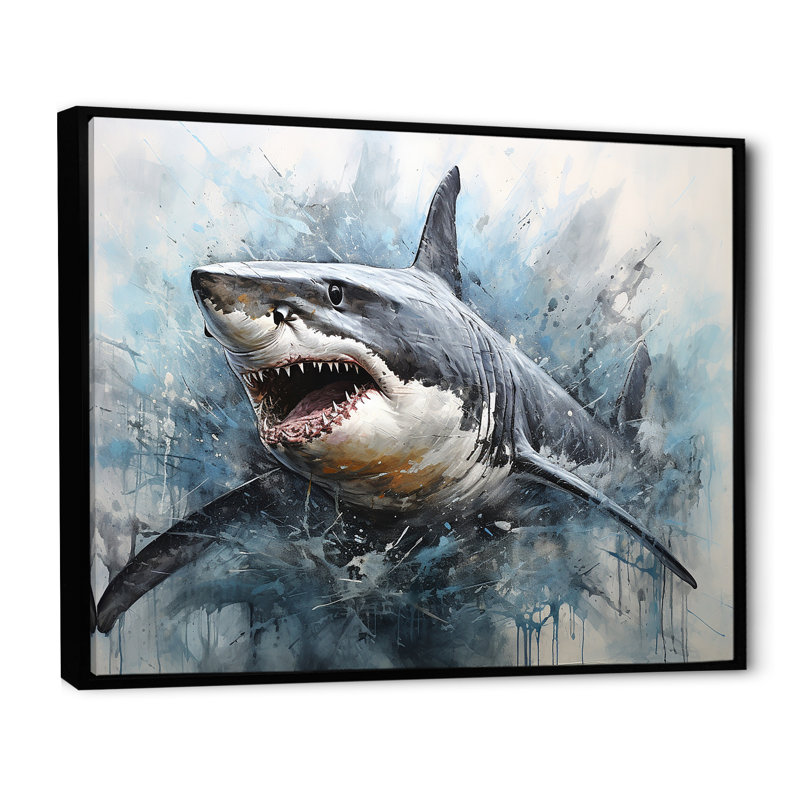 Minimalism Blue Shark Painting - Shark Wall Art, Black Floater Framed, 30" H x 40" W x 1.5" D