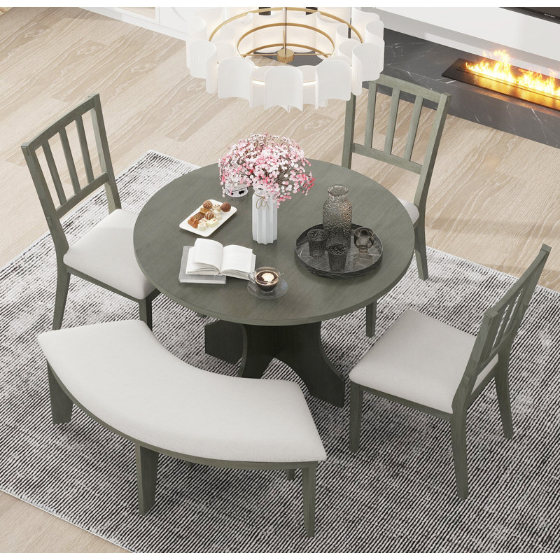 TREXM 5-piece Rustic Charm Round Dining Set with 3 Upholstered Chairs and Curved Bench, Grey/White, Grey