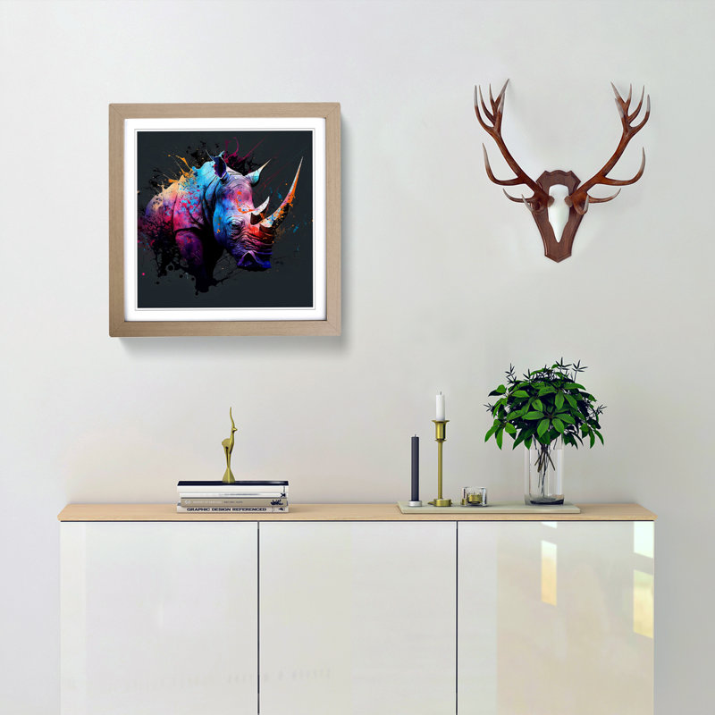 Rhino Splatter Art - Single Picture Frame Print on Wood, Oak