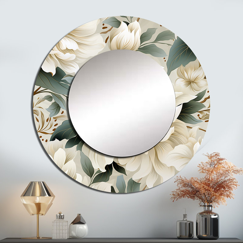 Motif subtil Mandalas Ii Boho - miroir mural floral unique, miroir rond blanc, impression d'art en métal, 36 po x 36 po