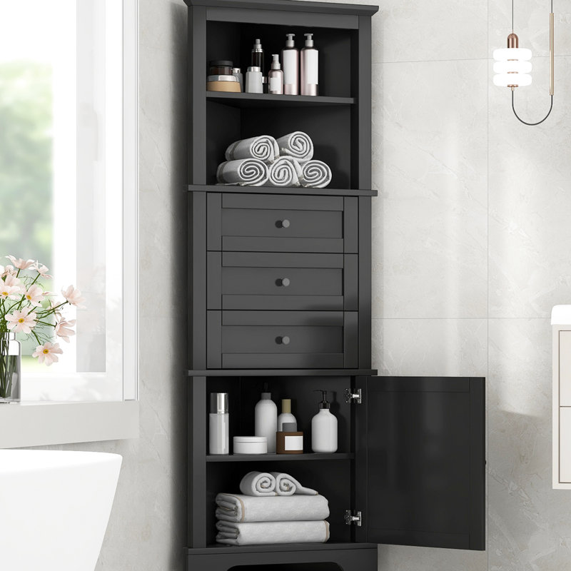 Triangle Tall Cabinet With 3 Drawers And Adjustable Shelves, Black
