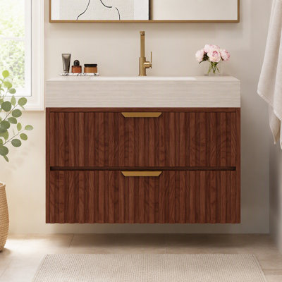 Meuble-lavabo flottant moderne de 30 po avec plateau en pierre frittée sans soudure et lavabo en céramique - 2 tiroirs à fermeture en douceur, fixation murale