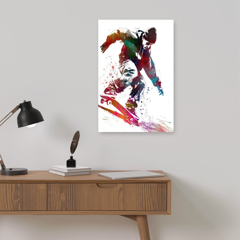 Dynamic Skateboard Action Abstract Colorful Energetic Urban Wall Art Print 1 Piece Wrapped Canvas Wall Art