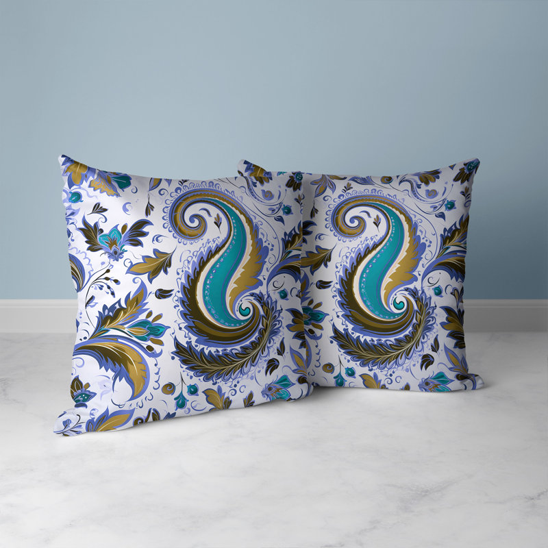 Blue and Olive Paisley Faux Suede Square Throw Pillow