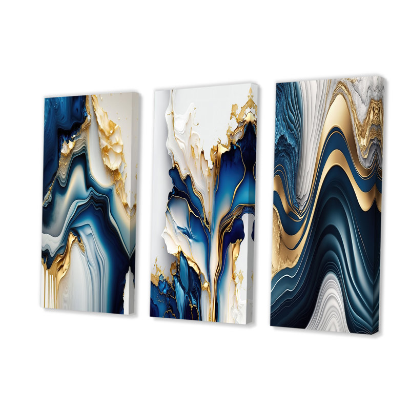 Abstract Geode Gold And Blue Marble II - modern wall art set of 3, 40" H x 60" W x 1" D