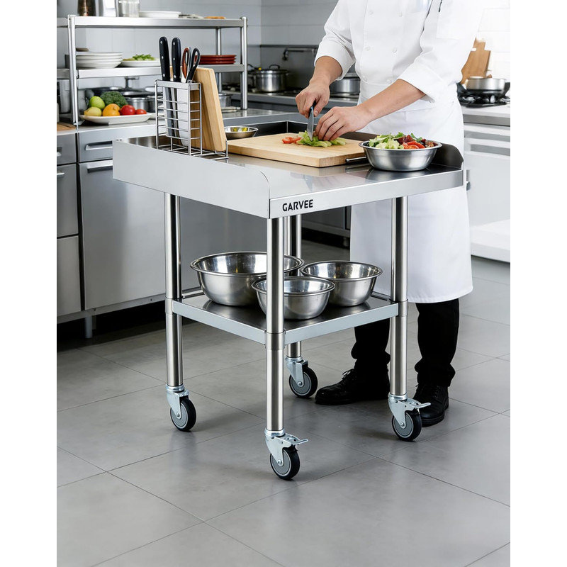 Mobile Stainless Steel Prep Table with Splash Guard & Undershelf, Heavy Duty Commercial Kitchen Cart, 26" H x 36" L x 24" W
