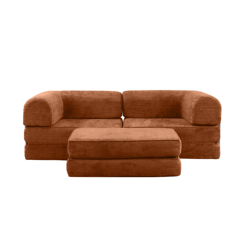 Velvet Compressed Daybed lounge Sofa with Ottoman, Orange Velvet