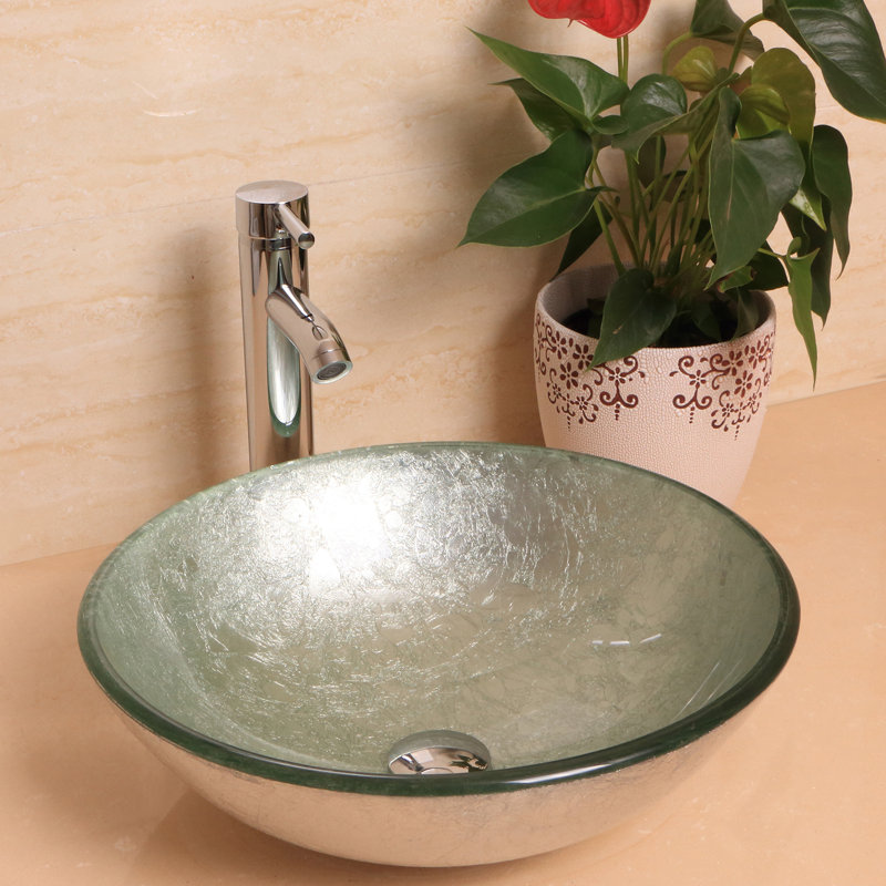 Wonline 16.34'' Tempered Glass Circular Bathroom Sink with Faucet, Silvery/Light Green